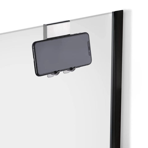 Over The Door Stainless Steel Shower Hooks Set with phone holder on frameless glass door, rustproof, no drill, 2 pack