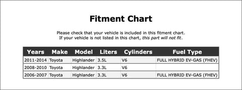 Fitment chart for Upgrade Your Ride With This Premium Drive Motor Battery Pack Cooling Fan Assembly For Toyota Highlander 06 To 14.