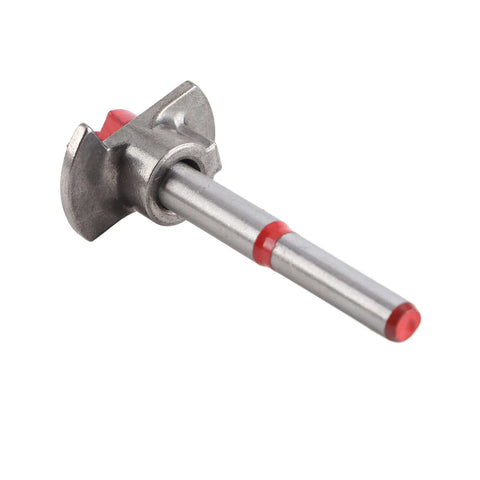 Pocket hole drill jig locator, metal shaft with red-tipped ends for cabinet hinge hole drilling
