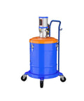 Pneumatic Grease Pump With 19 Inch Tubing And Grease Gun, Delivers 0.8 L Per Min For Auto Repair Machining And Equipment Maintenance, High Pressure 70 To 1 Output, Durable Barrel Pump For Mechanical Work on a wheeled base.