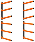 Front view of Heavy Duty Wall Mounted Lumber Storage Rack Three Level Four Pack For Garage Storage Holds Wood Pipes And Skis With 300 Lbs Capacity Organizer Bracket Black And Orange Garage Gear