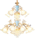Showstopper European Double Crystal Ceiling Pendant Light With Warm Led Glow And Adjustable Chain For Living Rooms. Elegant design with glass diffusers and gold accents.