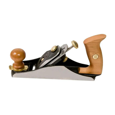 No. 4 Smoothing Hand Plane With Extra Thick 1/8 Inch A2 Steel Iron, one-piece base, cherry wood handle and knob, side view