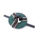 Heavy Duty Eight Inch Three Jaw Self Centering Chuck With Quick Release Base For Welding Positioner Turntables And Shop Workbenches, green and gray metal construction.