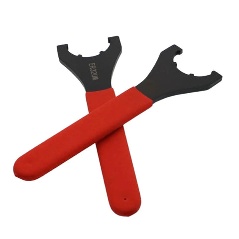 Premium ER16UM ER20UM ER25UM ER32UM ER40UM ER50UM Collet Wrench Nut Set for CNC Milling with red rubber grip handles.