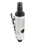 Heavy Duty Pneumatic Die Grinder With Lightweight Air Powered Build For Quick Cut And Detail Work In Tight Fits Featuring High RPM Spin And Rock Solid Quarter Inch Collet Grip Smooth Handle Layout For All Day Grind visible from the side with metal grip