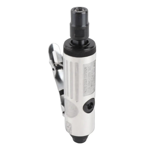 Heavy Duty Pneumatic Die Grinder With Lightweight Air Powered Build For Quick Cut And Detail Work In Tight Fits Featuring High RPM Spin And Rock Solid Quarter Inch Collet Grip Smooth Handle Layout For All Day Grind visible from the side with metal grip