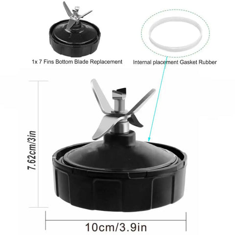Two Pack 7 Fin Bullet Blade Replacement Parts For Blenders, Heavy Duty Bullet Blades For High Speed Blending, Compatible With Auto IQ BL2012 BL480-30 BL490-30 BL642W CT640 NN100 And More, Black, with Gasket Rubber