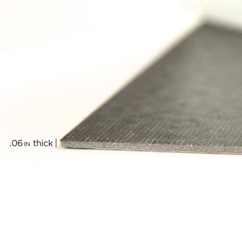Close-up of Boardwalk Peel And Stick Floor Tiles in grey showing thickness of 0.06 inch with textured low lustre finish.