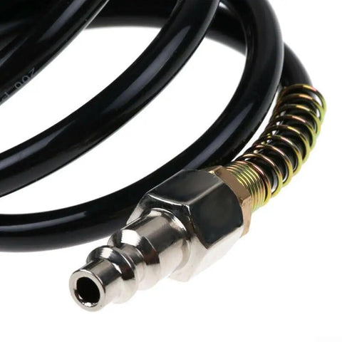 Boss Level 25 Foot Air Hose With Swivel Whip Fittings For Pro Garage And Auto Shop Crews Using 1 4 Inch Npt Pneumatic Connectors Hybrid Rubber Polyurethane Design Gives You Flexibility No Kinks At 200 Psi Pressure All Season Weather Is Awesome. black 25 foot air hose with metal swivel fitting and spring guard