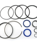 Hydraulic log splitter cylinder seal kit; flat lay of assorted O-rings (black and blue) for 4.5 in bore x 1.75 in rod