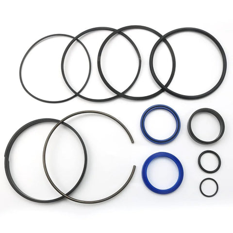 Hydraulic log splitter cylinder seal kit; flat lay of assorted O-rings (black and blue) for 4.5 in bore x 1.75 in rod