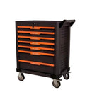 Multifunctional 7 Drawer Rolling Tool Cart With Lock, Heavy Duty Steel Tool Chest On Wheels, Garage Ready Storage Organizer For Warehouse And Repair Shop, Boss Level Home DIY Tool Kit For Small Parts And Projects, black with orange drawers