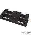 Ridiculously Precise Motorized Rotary Positioning Stage With Slick Self Locking Manual Translation Table 20mm Stroke 40X60mm Base HRC56 Hardened Plate and Smooth Worm Gear Drive For Dead On Alignment Tasks, close-up view of PT-SS50 linear slide.