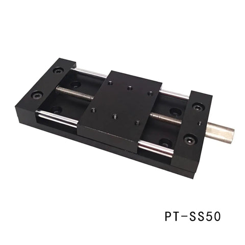Ridiculously Precise Motorized Rotary Positioning Stage With Slick Self Locking Manual Translation Table 20mm Stroke 40X60mm Base HRC56 Hardened Plate and Smooth Worm Gear Drive For Dead On Alignment Tasks, close-up view of PT-SS50 linear slide.