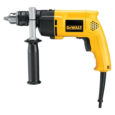 Yellow and black half inch hammer drill with 7.8 Amp power, dual mode for wood, steel, and masonry, features side handle.