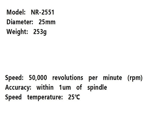 Killer NR 2551 Water Cooled High Speed Electric Spindle specifications including model, diameter, weight, and speed.