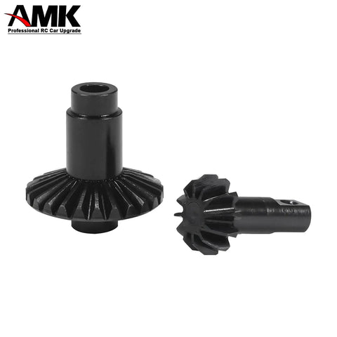 Two Piece Metal Bevel Gear Set 12T 24T Beefed Up Upgrade for 1 by 18 RC Crawler Cars shown in CNC machined steel with black coat