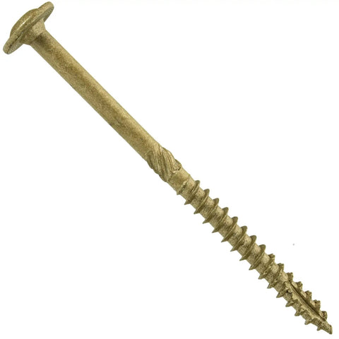 Beefy 4 Inch Lag Screw With Torx Star Drive Exterior Bronze Coated For Outdoor Wood, full length view showing notched Type 17 point.