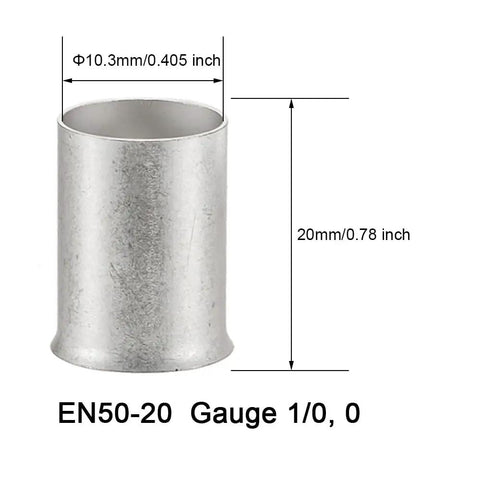 Twenty Piece One Zero Gauge Copper Wire Ferrules With Matte Tin Plating For Electrical Wiring, Pro Grade High Conductivity Copper, Durable Pin Terminals For Auto, Marine, DIY Projects And Heavy Duty Electronics. 1/0 gauge copper ferrule, 10.3mm x 20mm