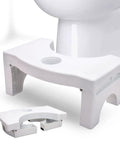 Foldable 7-Inch Toilet Potty Stool For Adults next to a toilet, showing folded and unfolded views, including freshener space and non-slip feet