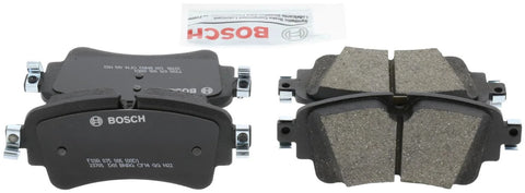 Bosch QuietCast ceramic rear brake pad set for Audi, front and back views.