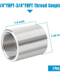 304 Stainless Steel Three Quarter Inch Female to Three Quarter Inch Female Pipe Coupler Fitting, 1.4 Inch Long