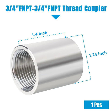 304 Stainless Steel Three Quarter Inch Female to Three Quarter Inch Female Pipe Coupler Fitting, 1.4 Inch Long