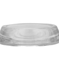 Side view of one clear glass coaster from Set Of 12 Clear Glass Furniture Coasters Round 2 9/16 Inch Floor Protectors For Chairs Tables And Sofas Elegant Caster Cups For Hardwood Carpet And Tile Keeps Floors Safe From Scratches And Dents.
