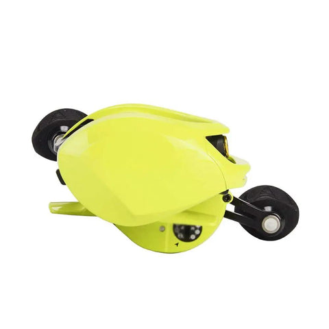 Yellow compact device resembling a small vehicle with wheels, not related to Palm Sized Long Throw Fishing Reel With All Metal Body Anti Rust.