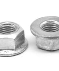 Built Tough 1/4-20 Coarse Thread Grade F All Metal Flange Locknuts Made From Medium Carbon Steel With Durable Zinc Plating For Rock Solid Connections And Pro Grade Hold Pack Of Three Thousand showing two flange lock nuts.