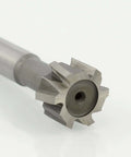 Close-up of T-slot milling cutter end mill, HSS, multi-flute star-shaped head with central hole