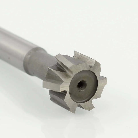 Close-up of T-slot milling cutter end mill, HSS, multi-flute star-shaped head with central hole