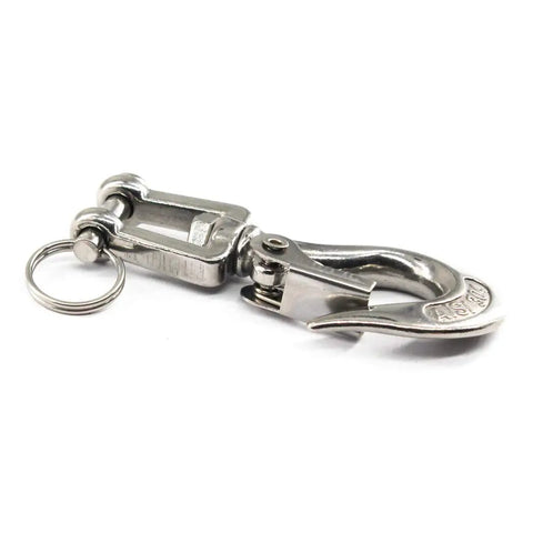 Rock Solid 304 Stainless Steel Swivel Eye Lifting Hook With Safety Latch And Smooth 360 Spin Rust Proof, shown close-up.