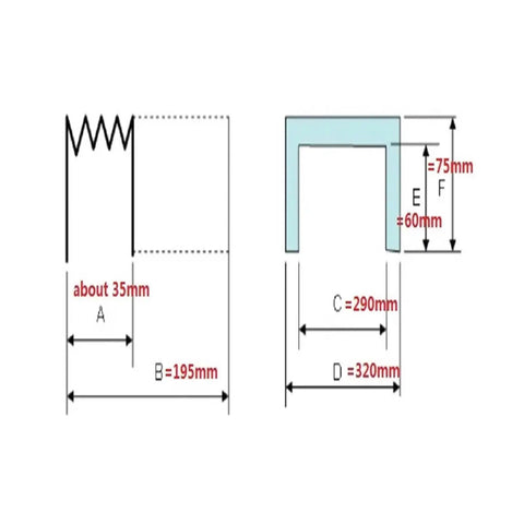 Technical drawing of U-Shape CNC Bellow Cover 320x75mm with 195mm Extension Guard dimensions and specifications