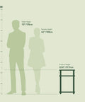 Height comparison chart showing 3 Tier Open Storage Nightstand With Turn N Tube Poles beside male and female silhouettes.