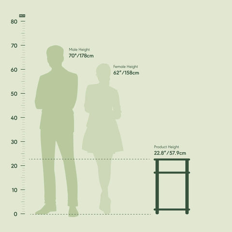 Height comparison chart showing 3 Tier Open Storage Nightstand With Turn N Tube Poles beside male and female silhouettes.