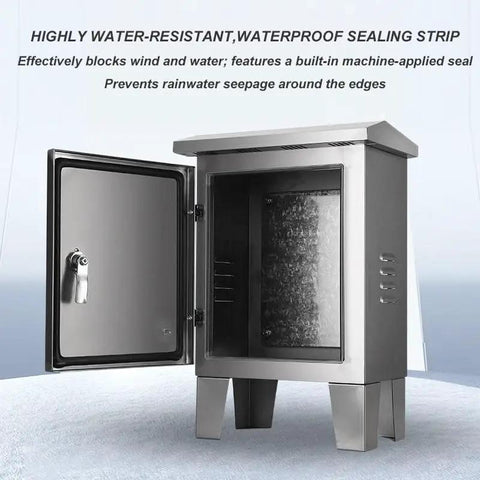 Heavy Duty 304 Stainless Steel Electrical Enclosure Box With Secure Safety Latch and Wall Mounting Plate, open view showing waterproof seal.