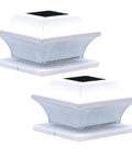 Two Solar Post Cap Lights Outdoor Three Color LED 20 Lumen Super Bright Waterproof Post Lamps, white base with solar panels.