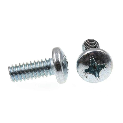 Two Tough As Nails Pan Head Machine Screws With Phillips Drive 1/4 Inch 20 By 5/8 Inch Zinc Plated Steel fasteners side by side.