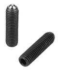 Two M8 ball spring plungers made of hardened carbon steel with hex sockets, showcasing their precision machined grip and durability.