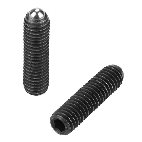 Two M8 ball spring plungers made of hardened carbon steel with hex sockets, showcasing their precision machined grip and durability.