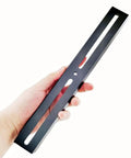 Person holding a black 300mm Aluminum Dovetail Bar Kit for Dovetail Plate to couple telescope tubes to mounts, 11.8 inch rail.