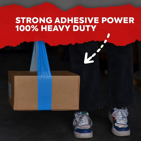 Duct Tape Teal Blue Industrial Grade Heavy Duty Tough As Nails 2 Inch By 60 Feet Waterproof holds box, demonstrating strength.