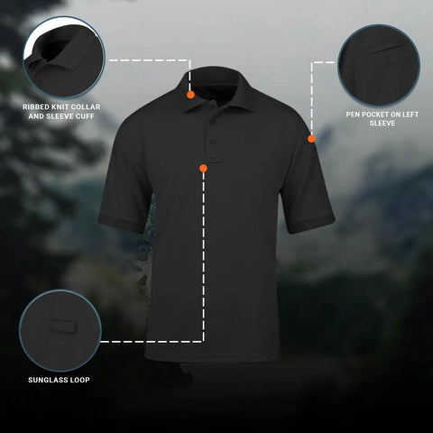 Mens Short Sleeve Uniform Polo Shirt In Black Built For The Daily Grind With Hella Fast Moisture Wicking To Keep You Chill And Fade Proof Pique Polyester That Holds Its Shape Plus A Smart Casual Cut Done Right For Any Working Crew Out Here features ribbed collar, sleeve cuff, left sleeve pen pocket, and sunglass loop.