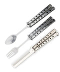 Three-piece foldable butterfly spork camping set stainless steel utensils for hiking and backpacking lightweight travel cutlery with spoon and fork