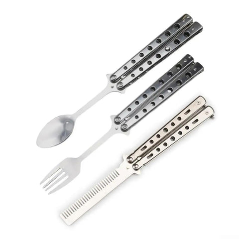 Three-piece foldable butterfly spork camping set stainless steel utensils for hiking and backpacking lightweight travel cutlery with spoon and fork