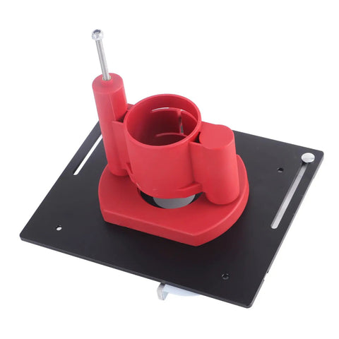 Heavy Duty Router Lift Kit With Smooth Turning Crank Handle And Rust Resistant Aluminum Base Plate For Precision Woodworking, red router lift component on black base.