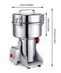 Electric Grain Mill Grinder In Stainless Steel 304 with Auto Time Switch, showing dimensions and sturdy construction.