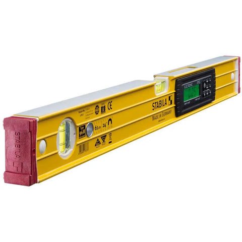 Heavy Duty 24 Inch Digital Magnetic Spirit Level Featuring Dual Electronic Modules For Dead On Angle And Slope Readings Built Tough Waterproof Aluminum Build For Serious Crews, side view on a white background.